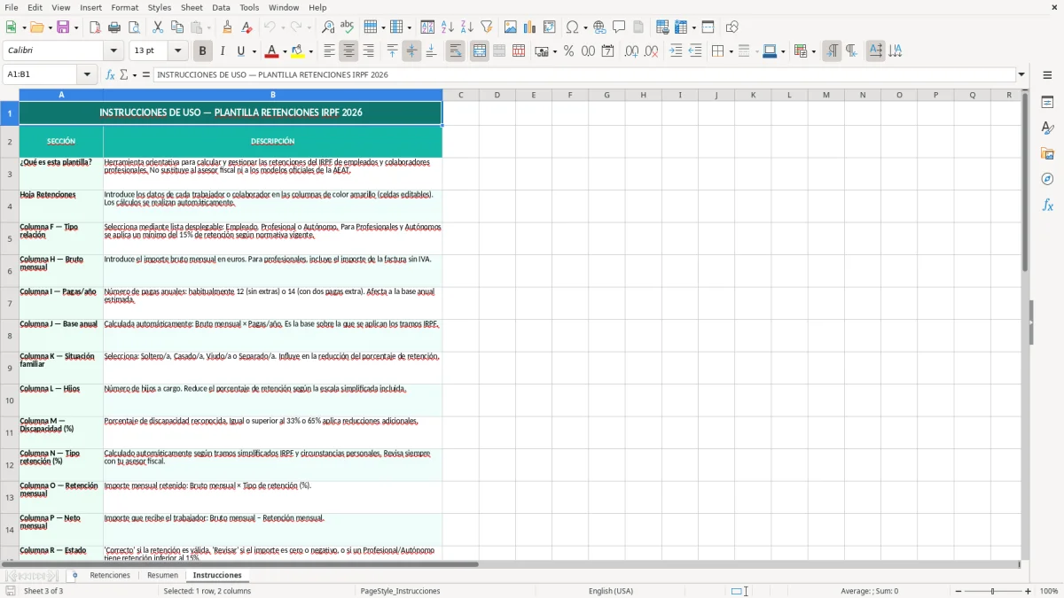 Captura 3: hoja Instrucciones - Plantilla Excel plantilla retenciones irpf excel gratis