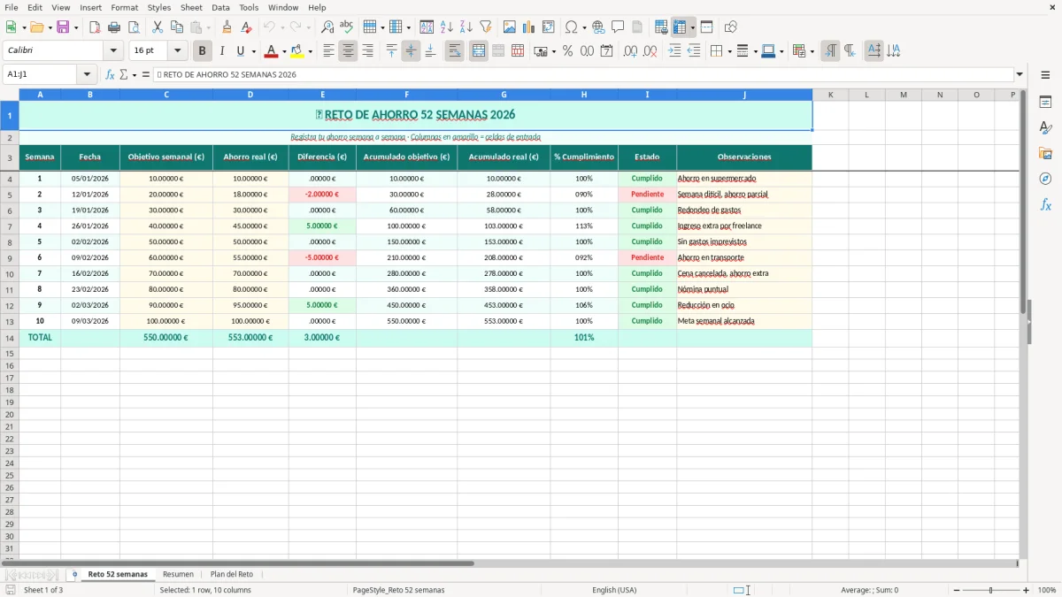 Captura 1: hoja Reto 52 semanas - Plantilla Excel plantilla reto ahorro 52 semanas excel gratis