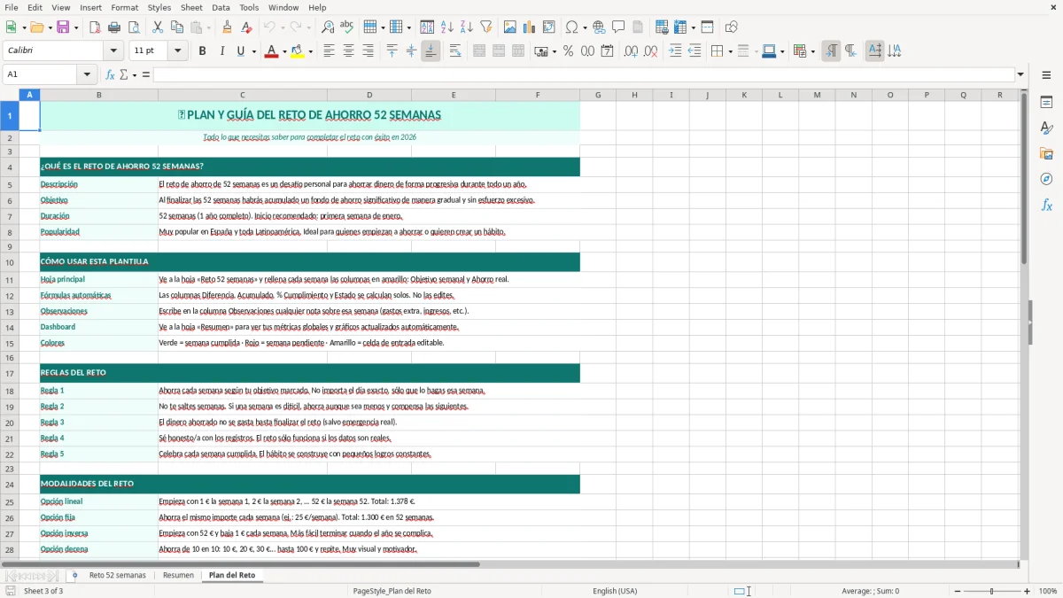 Captura 3: hoja Plan del Reto - Plantilla Excel plantilla reto ahorro 52 semanas excel gratis