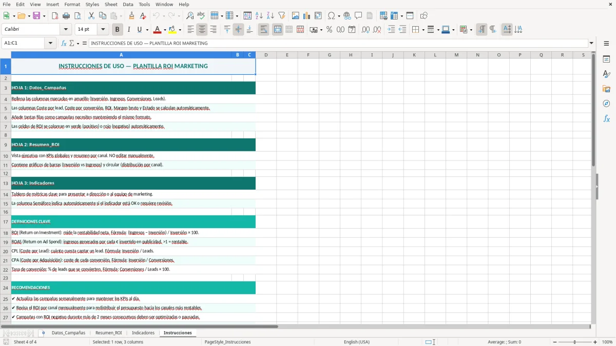 Captura 4: hoja Instrucciones - Plantilla Excel plantilla roi marketing excel gratis