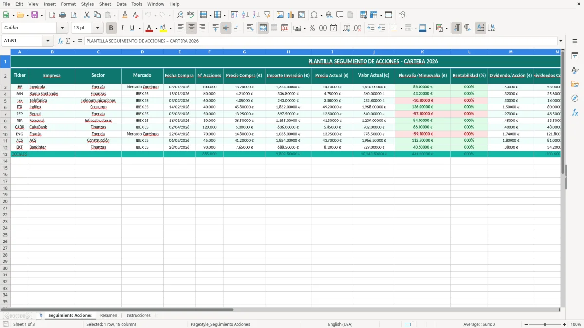 Captura 1: hoja Seguimiento Acciones - Plantilla Excel plantilla seguimiento acciones excel gratis