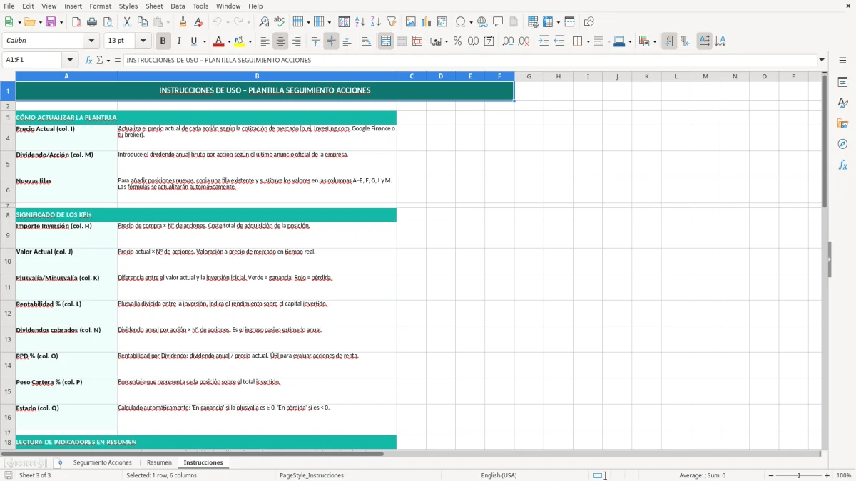 Captura 3: hoja Instrucciones - Plantilla Excel plantilla seguimiento acciones excel gratis