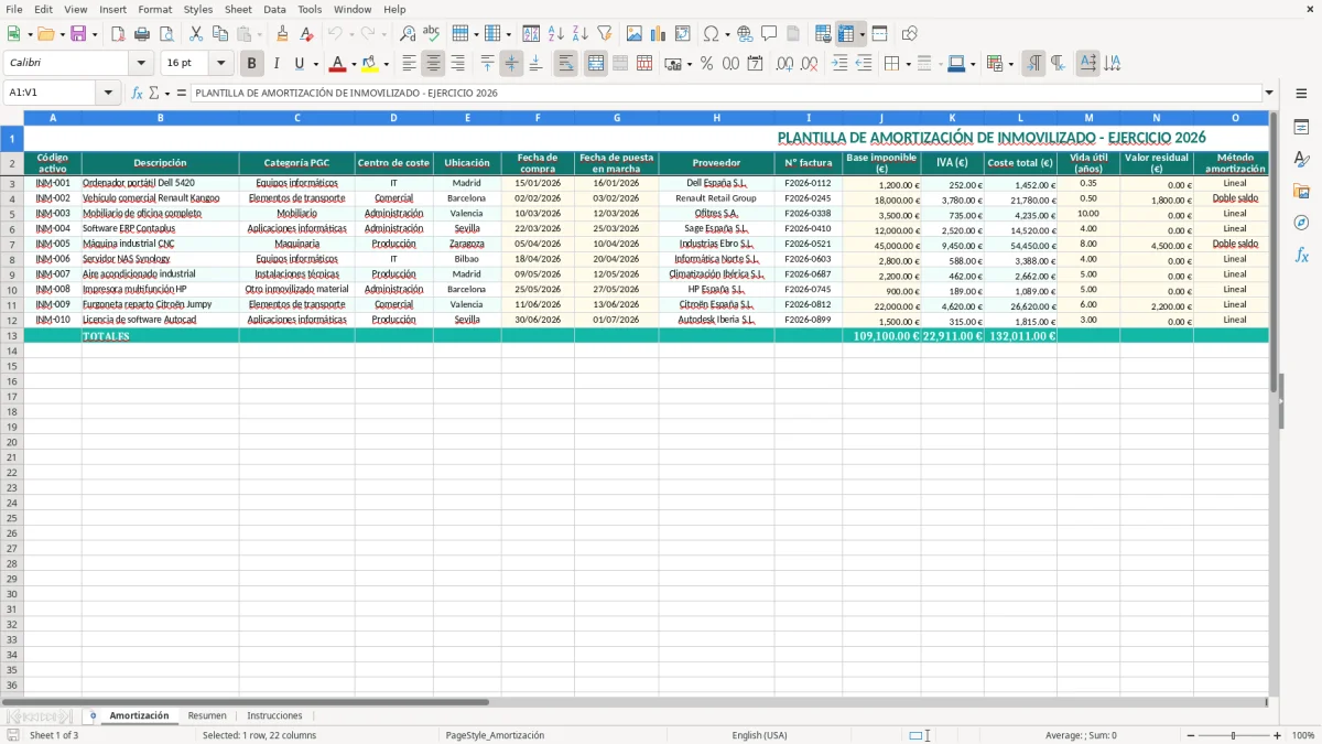 Captura 1: hoja Amortización - Plantilla Excel plantilla amortización inmovilizado excel gratis