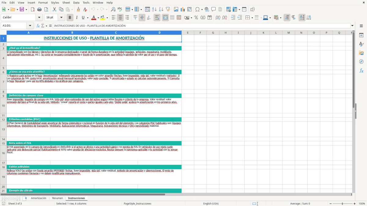 Captura 3: hoja Instrucciones - Plantilla Excel plantilla amortización inmovilizado excel gratis