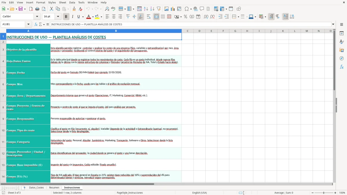 Captura 3: hoja Instrucciones - Plantilla Excel plantilla análisis de costes excel gratis