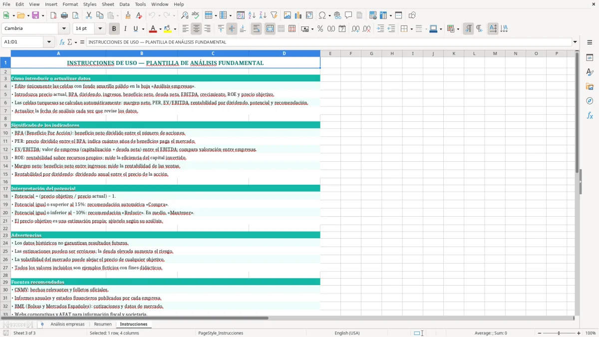 Captura 3: hoja Instrucciones - Plantilla Excel plantilla análisis fundamental excel gratis