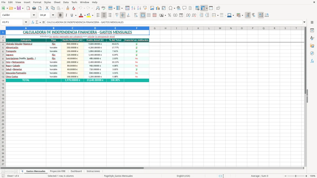 Captura 1: hoja Gastos Mensuales - Plantilla Excel plantilla calculadora independencia financiera excel gratis