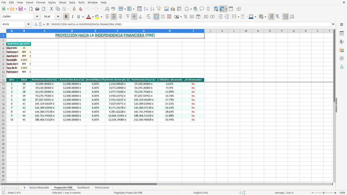 Captura 2: hoja Proyección FIRE - Plantilla Excel plantilla calculadora independencia financiera excel gratis
