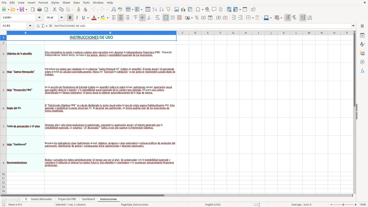 Captura 4: hoja Instrucciones - Plantilla Excel plantilla calculadora independencia financiera excel gratis