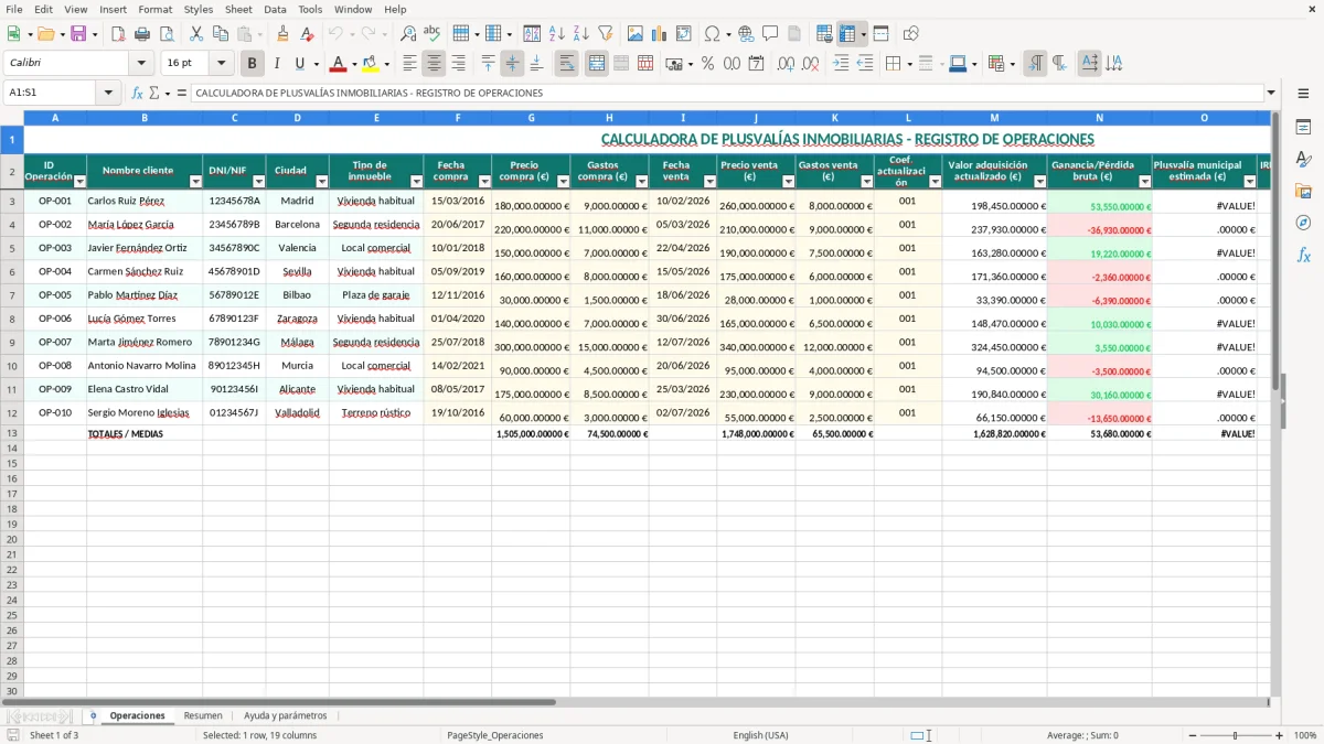 Captura 1: hoja Operaciones - Plantilla Excel plantilla calculadora plusvalías excel gratis