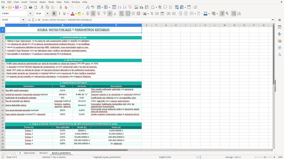 Captura 3: hoja Ayuda y parámetros - Plantilla Excel plantilla calculadora plusvalías excel gratis