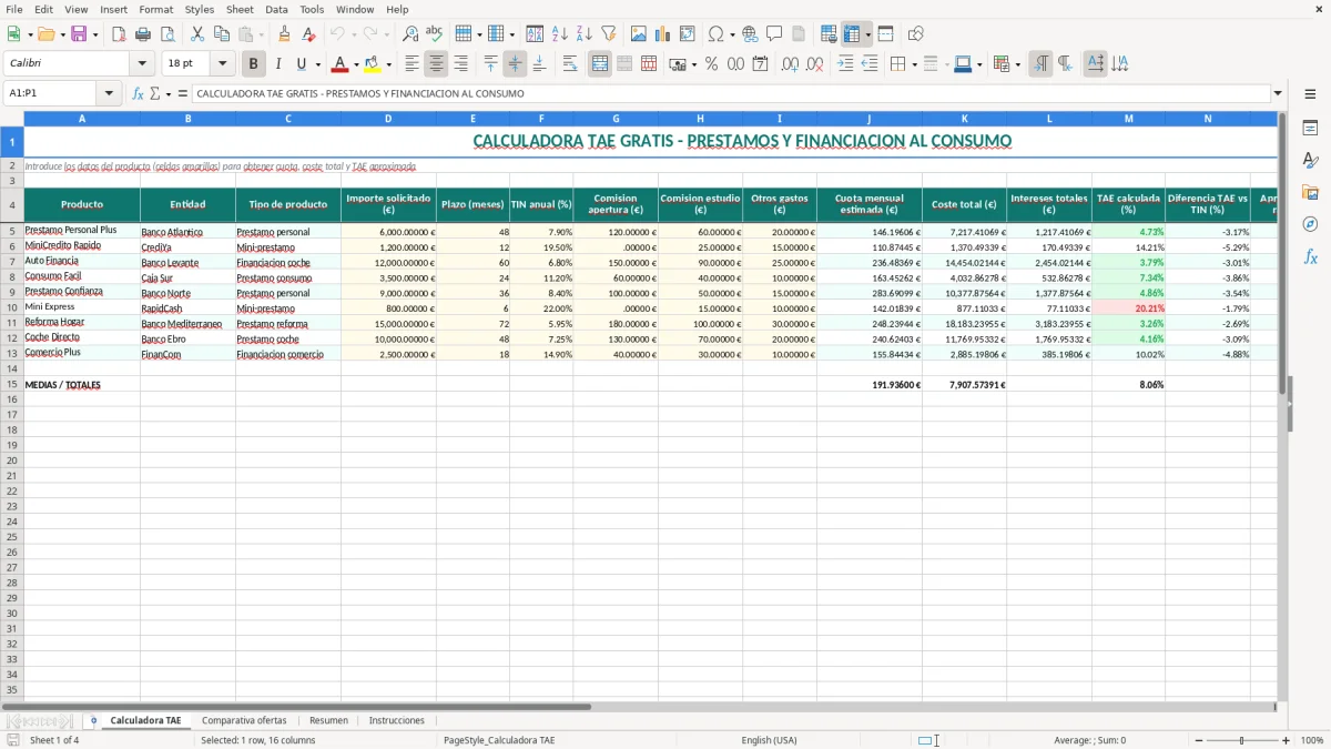 Captura 1: hoja Calculadora TAE - Plantilla Excel plantilla calculadora tae excel gratis