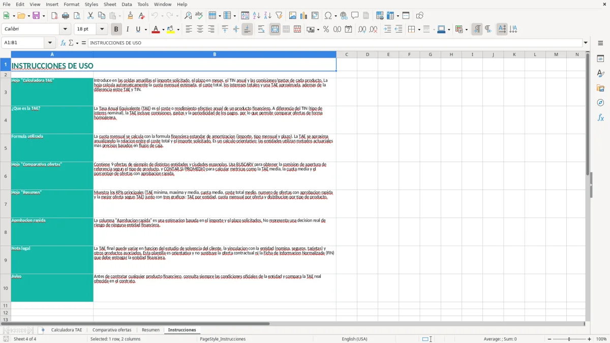 Captura 4: hoja Instrucciones - Plantilla Excel plantilla calculadora tae excel gratis