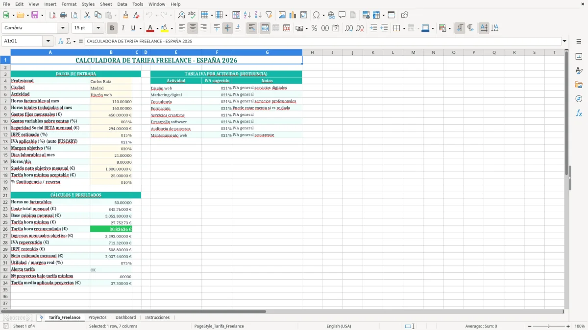 Captura 1: hoja Tarifa_Freelance - Plantilla Excel plantilla calculadora tarifa freelance excel gratis