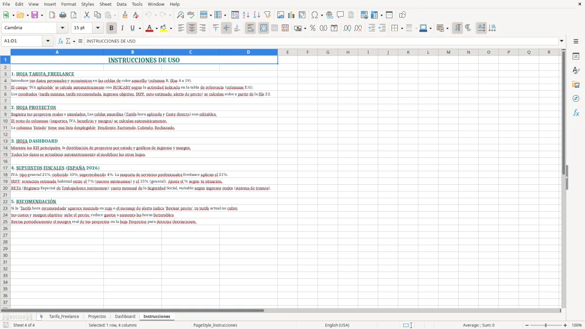 Captura 4: hoja Instrucciones - Plantilla Excel plantilla calculadora tarifa freelance excel gratis