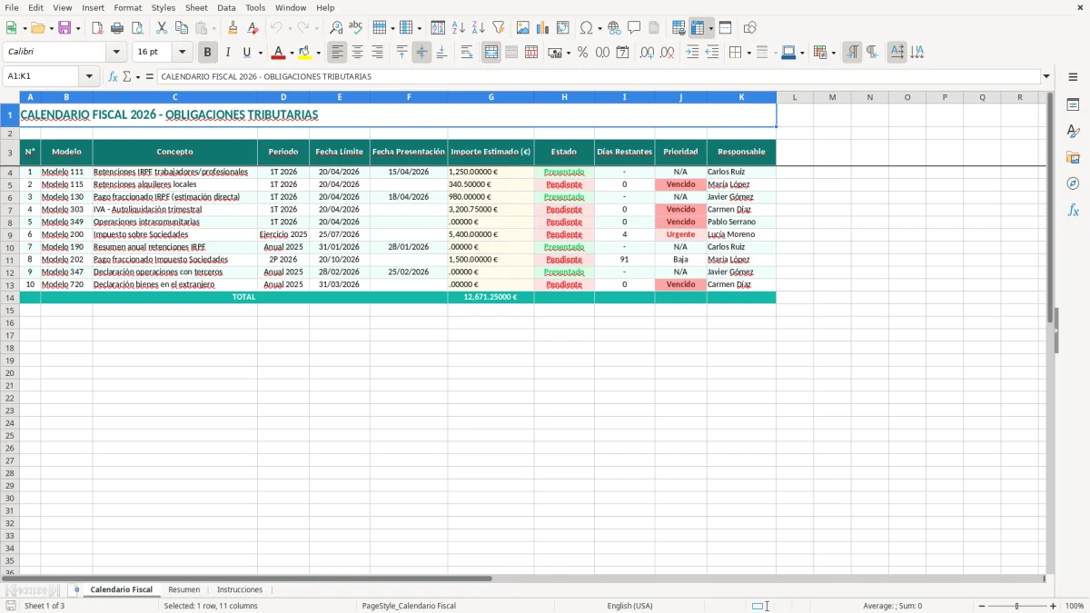 Captura 1: hoja Calendario Fiscal - Plantilla Excel plantilla calendario fiscal excel gratis