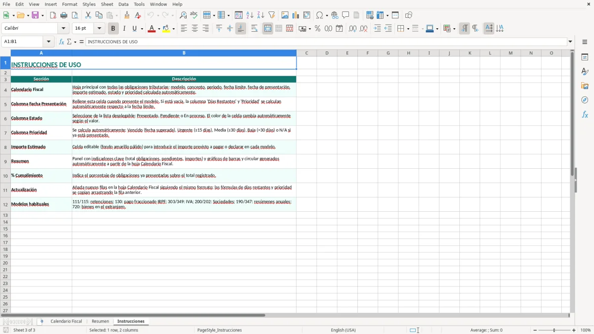 Captura 3: hoja Instrucciones - Plantilla Excel plantilla calendario fiscal excel gratis