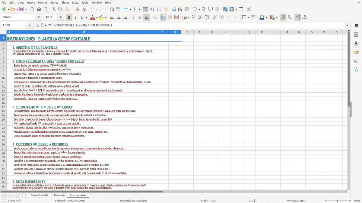 Captura 3: hoja Instrucciones - Plantilla Excel plantilla cierre contable excel gratis