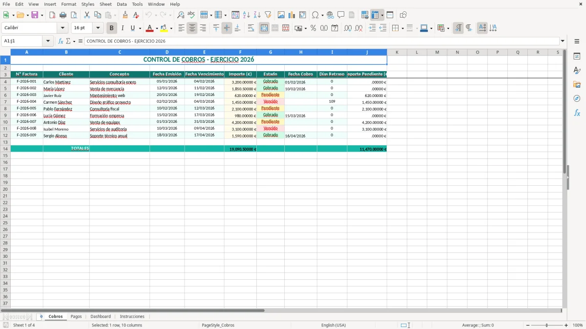 Captura 1: hoja Cobros - Plantilla Excel plantilla control de cobros y pagos excel gratis