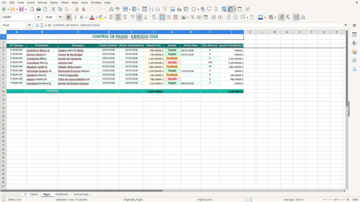 Captura 2: hoja Pagos - Plantilla Excel plantilla control de cobros y pagos excel gratis