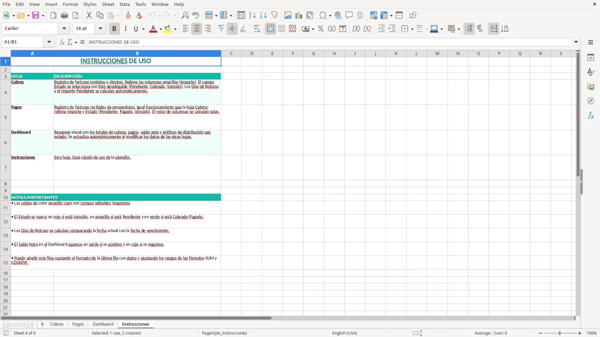 Captura 4: hoja Instrucciones - Plantilla Excel plantilla control de cobros y pagos excel gratis