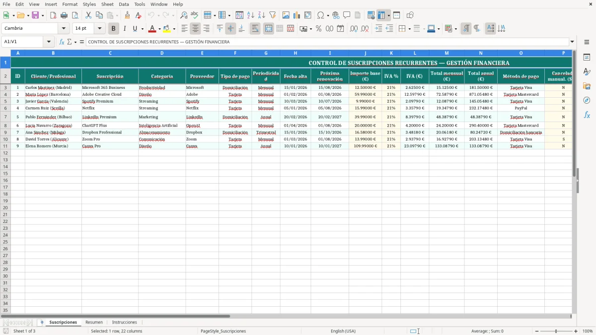 Captura 1: hoja Suscripciones - Plantilla Excel plantilla control suscripciones excel gratis