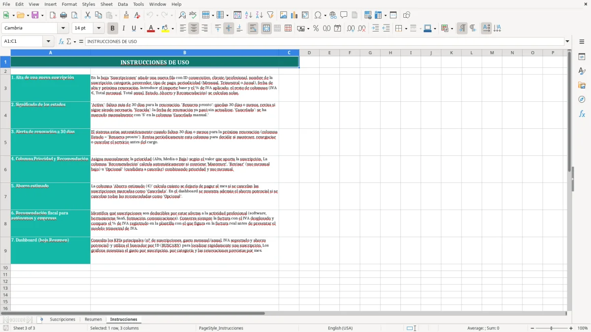 Captura 3: hoja Instrucciones - Plantilla Excel plantilla control suscripciones excel gratis