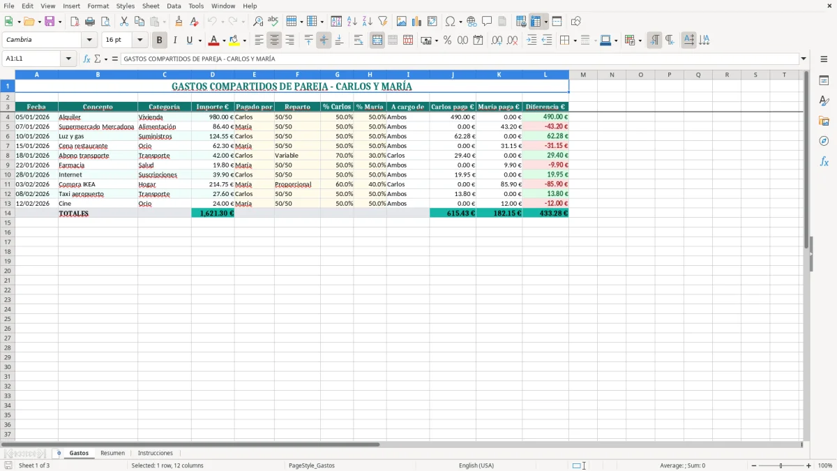 Captura 1: hoja Gastos - Plantilla Excel plantilla gastos compartidos pareja excel gratis