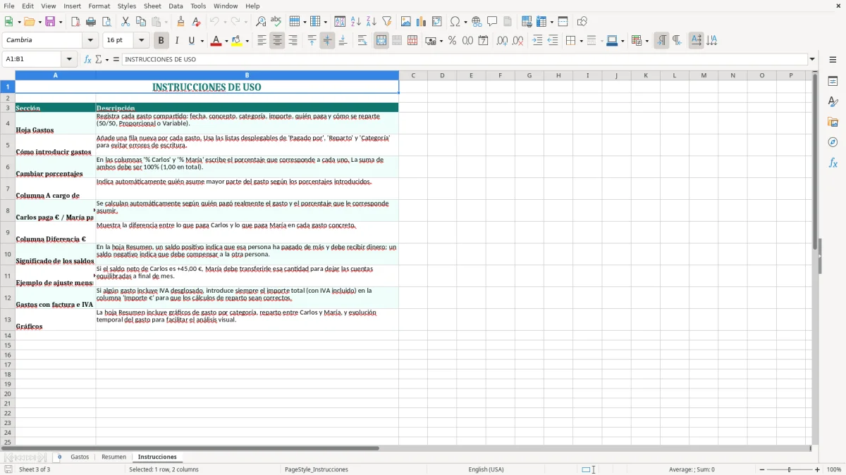 Captura 3: hoja Instrucciones - Plantilla Excel plantilla gastos compartidos pareja excel gratis