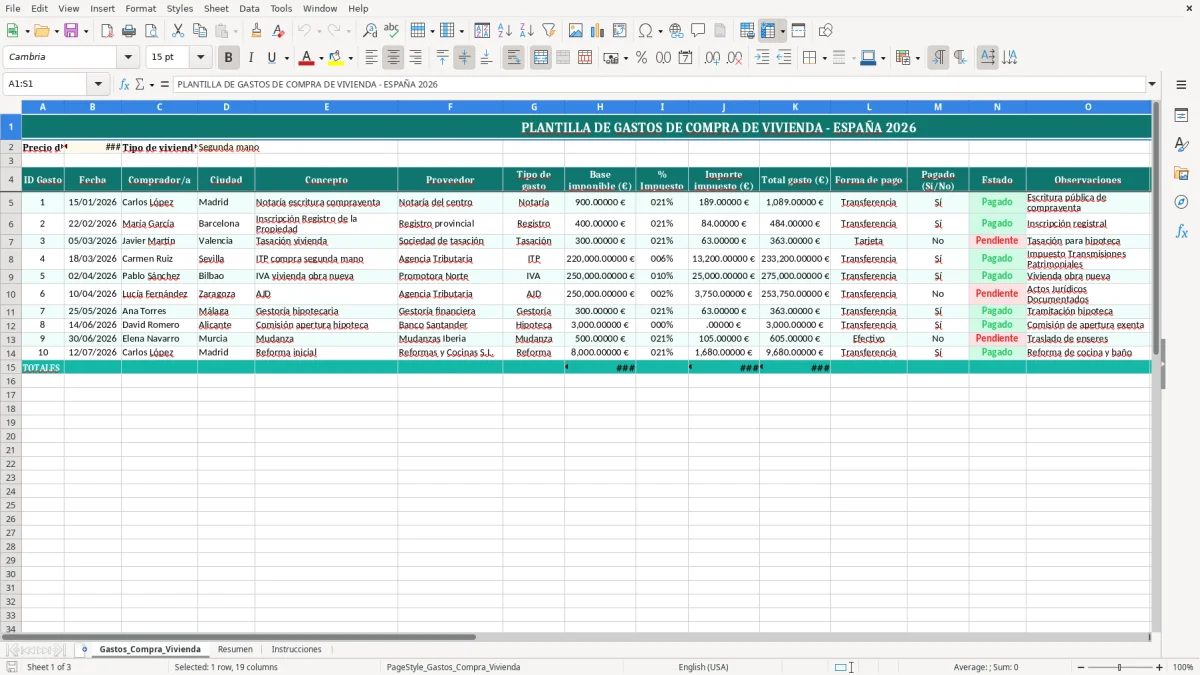 Captura 1: hoja Gastos_Compra_Vivienda - Plantilla Excel plantilla gastos compra vivienda excel gratis