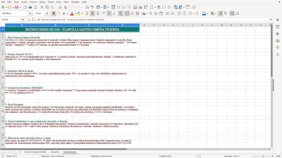 Captura 3: hoja Instrucciones - Plantilla Excel plantilla gastos compra vivienda excel gratis