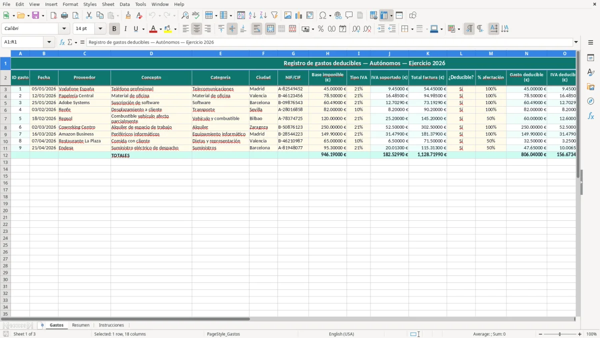Captura 1: hoja Gastos - Plantilla Excel plantilla gastos deducibles autónomos excel gratis