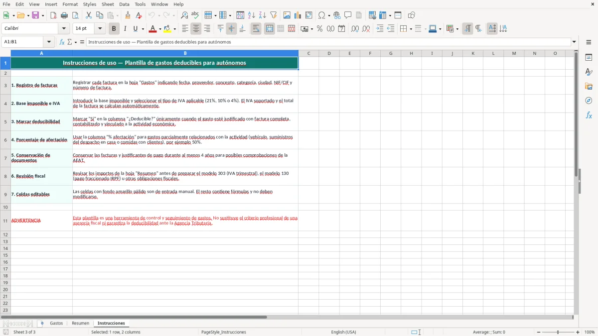 Captura 3: hoja Instrucciones - Plantilla Excel plantilla gastos deducibles autónomos excel gratis