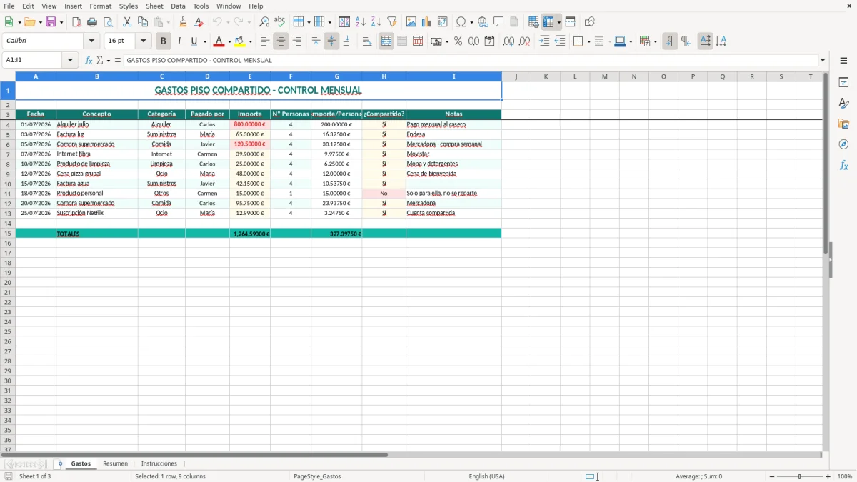 Captura 1: hoja Gastos - Plantilla Excel plantilla gastos piso compartido excel gratis