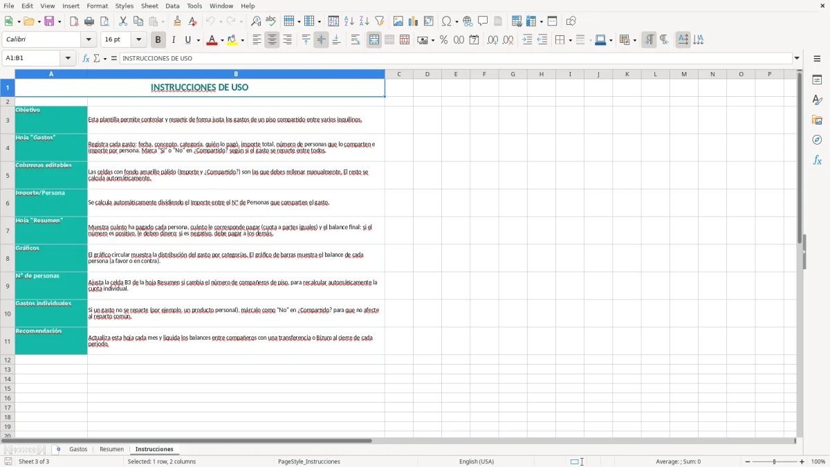 Captura 3: hoja Instrucciones - Plantilla Excel plantilla gastos piso compartido excel gratis