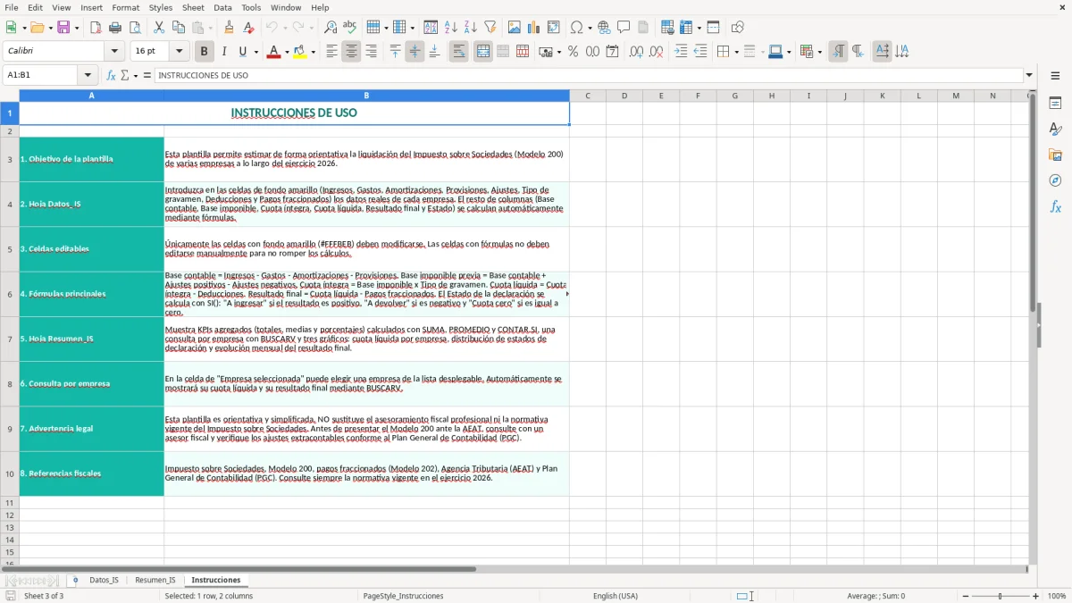 Captura 3: hoja Instrucciones - Plantilla Excel plantilla impuesto sociedades excel gratis