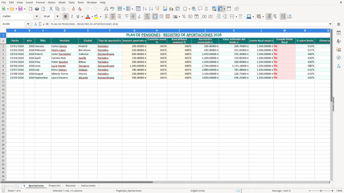 Captura 1: hoja Aportaciones - Plantilla Excel plantilla plan de pensiones excel gratis