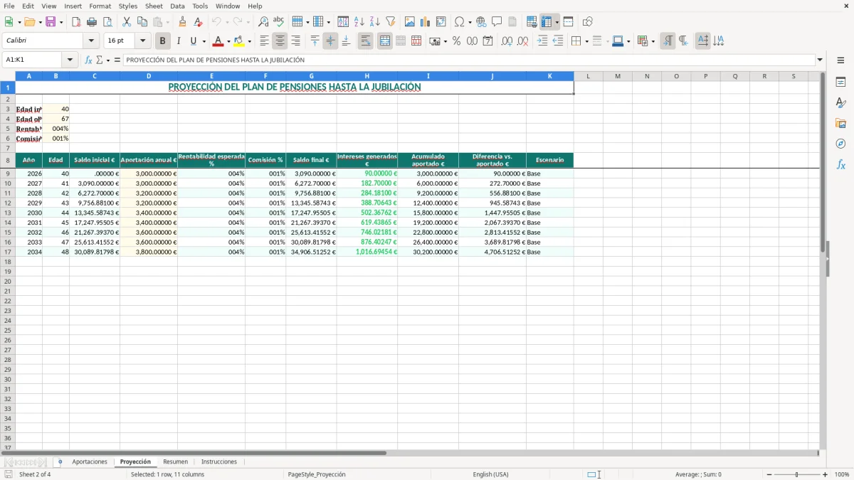 Captura 2: hoja Proyección - Plantilla Excel plantilla plan de pensiones excel gratis