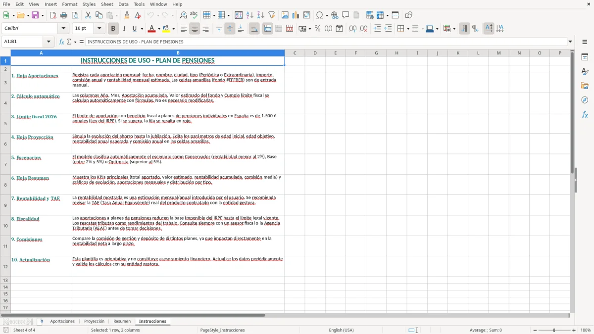 Captura 4: hoja Instrucciones - Plantilla Excel plantilla plan de pensiones excel gratis
