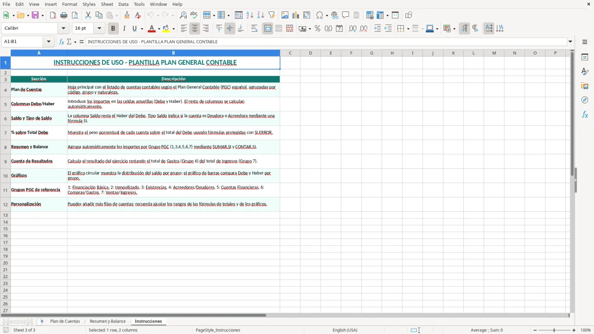 Captura 3: hoja Instrucciones - Plantilla Excel plantilla plan general contable excel gratis