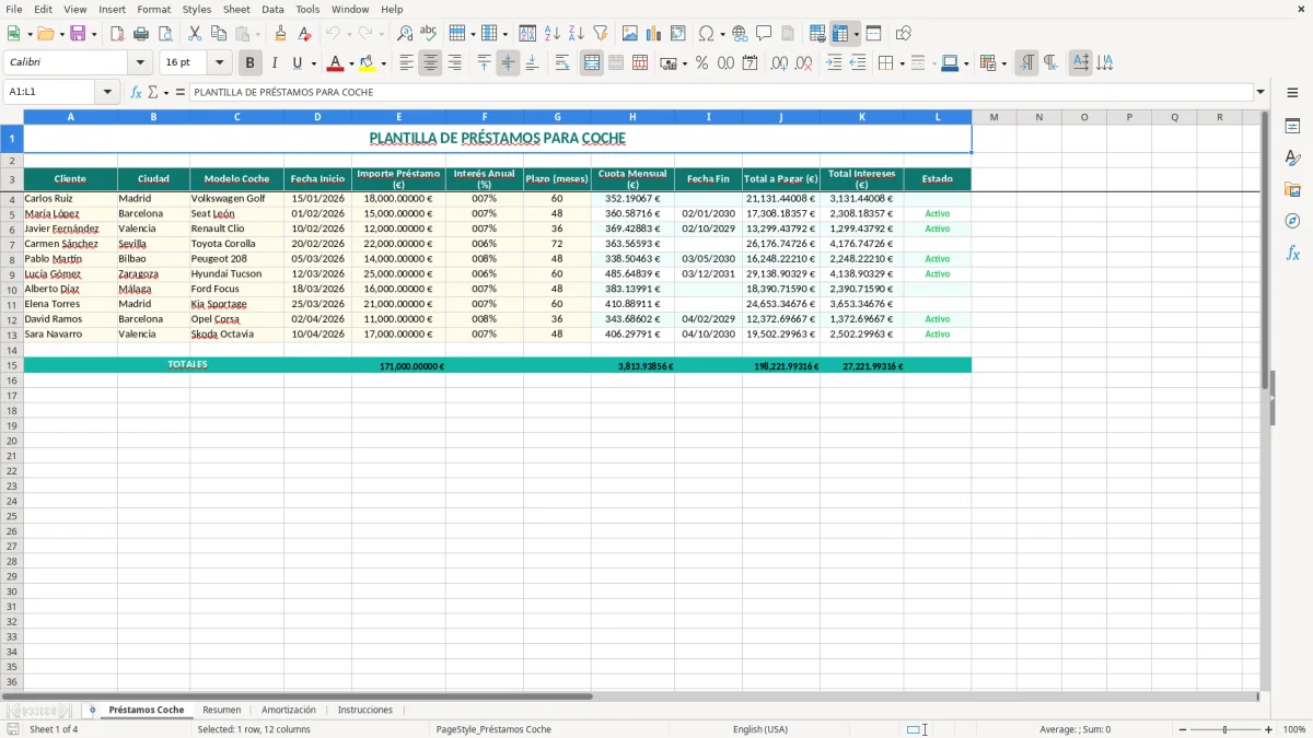 Captura 1: hoja Préstamos Coche - Plantilla Excel plantilla préstamo coche excel gratis