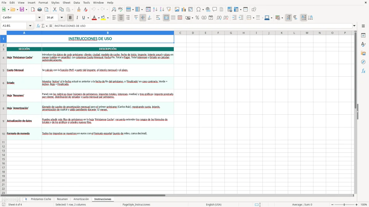 Captura 4: hoja Instrucciones - Plantilla Excel plantilla préstamo coche excel gratis