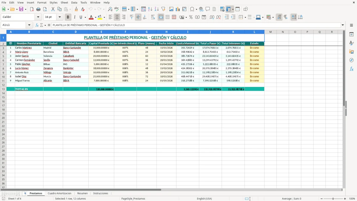Captura 1: hoja Prestamos - Plantilla Excel plantilla préstamo personal excel gratis