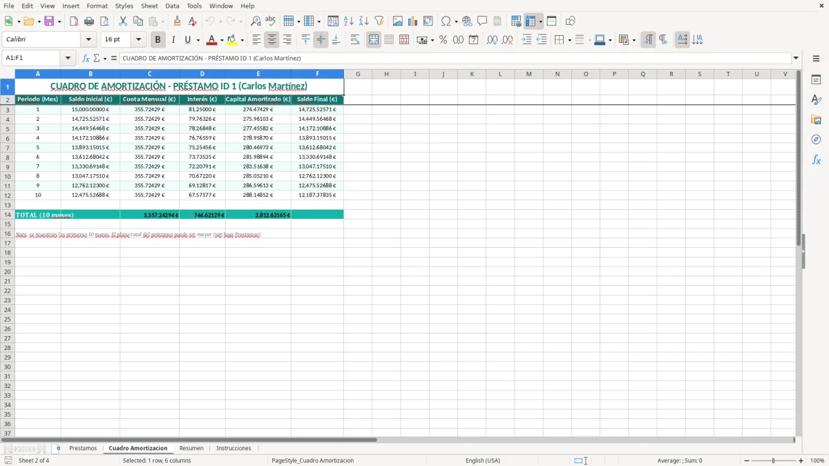 Captura 2: hoja Cuadro Amortizacion - Plantilla Excel plantilla préstamo personal excel gratis