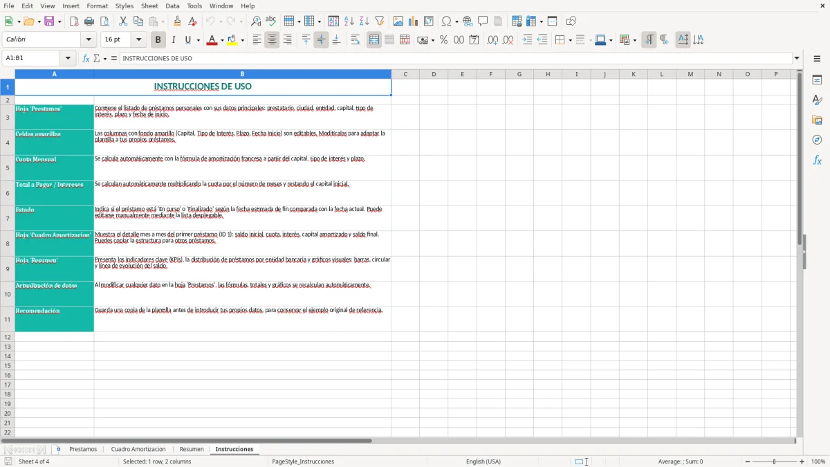 Captura 4: hoja Instrucciones - Plantilla Excel plantilla préstamo personal excel gratis