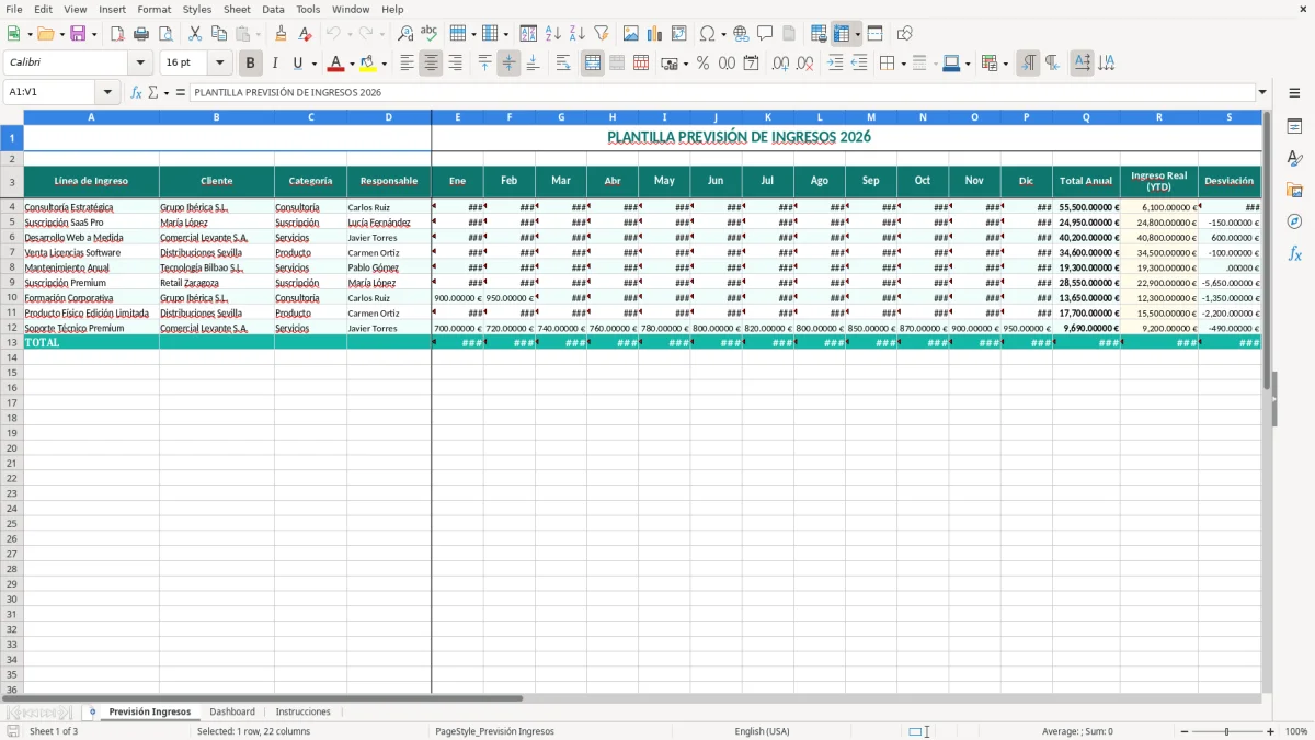 Captura 1: hoja Previsión Ingresos - Plantilla Excel plantilla previsión de ingresos excel gratis