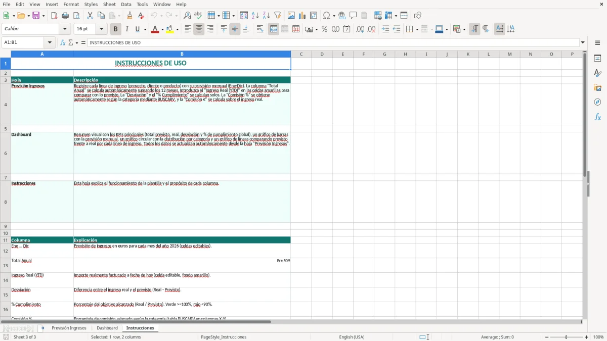 Captura 3: hoja Instrucciones - Plantilla Excel plantilla previsión de ingresos excel gratis