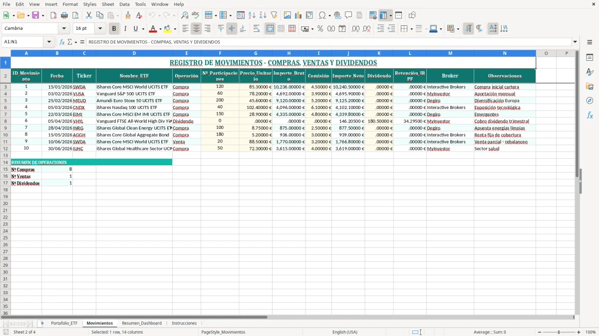 Captura 2: hoja Movimientos - Plantilla Excel plantilla seguimiento etf excel gratis