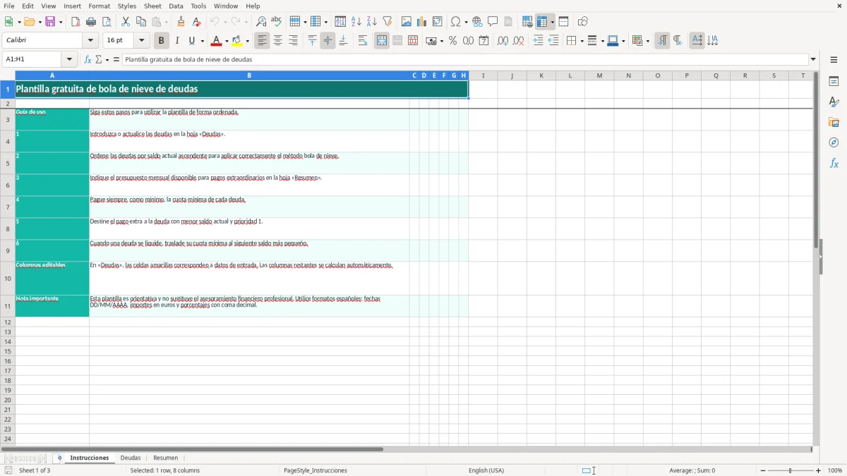 Captura 1: hoja Instrucciones - Plantilla Excel plantilla bola de nieve deudas excel gratis