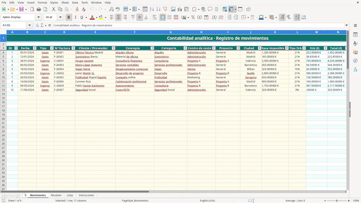 Captura 1: hoja Movimientos - Plantilla Excel plantilla contabilidad analítica excel gratis